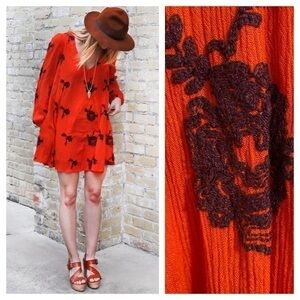 Free People Red Embroidered Austin V-neck Long Sleeve Mini Dress
